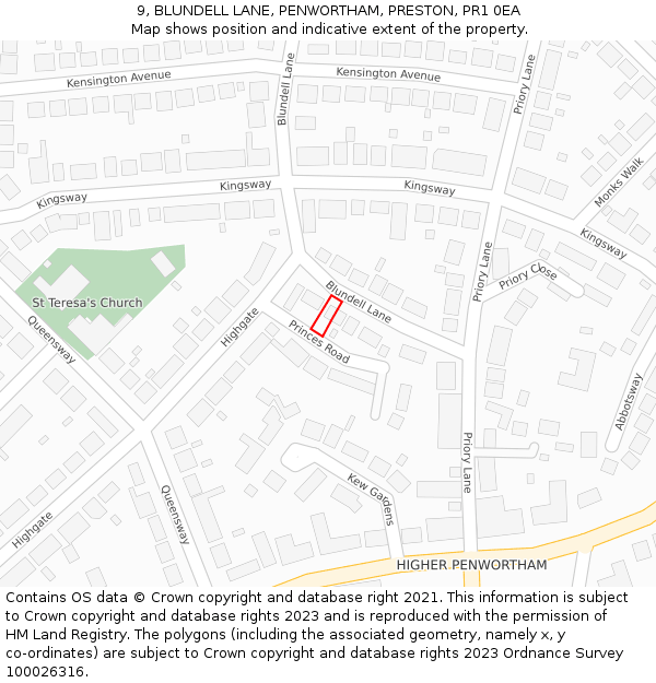 9, BLUNDELL LANE, PENWORTHAM, PRESTON, PR1 0EA: Location map and indicative extent of plot