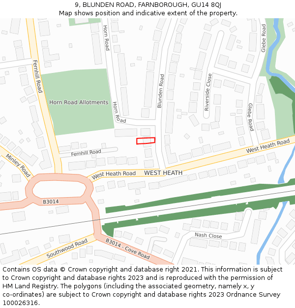 9, BLUNDEN ROAD, FARNBOROUGH, GU14 8QJ: Location map and indicative extent of plot