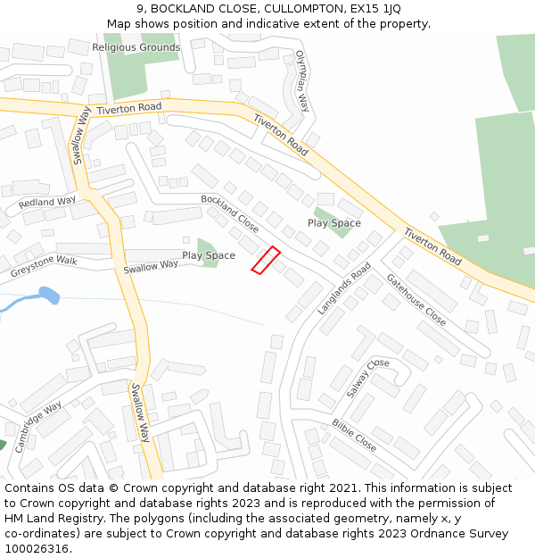 9, BOCKLAND CLOSE, CULLOMPTON, EX15 1JQ: Location map and indicative extent of plot