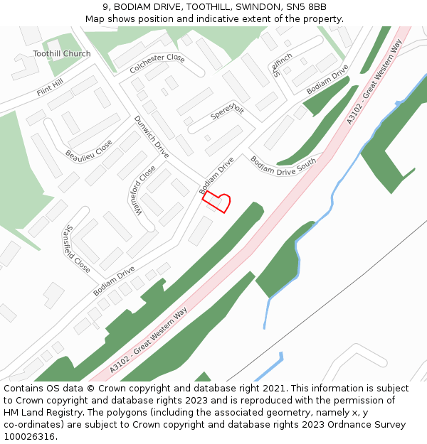 9, BODIAM DRIVE, TOOTHILL, SWINDON, SN5 8BB: Location map and indicative extent of plot