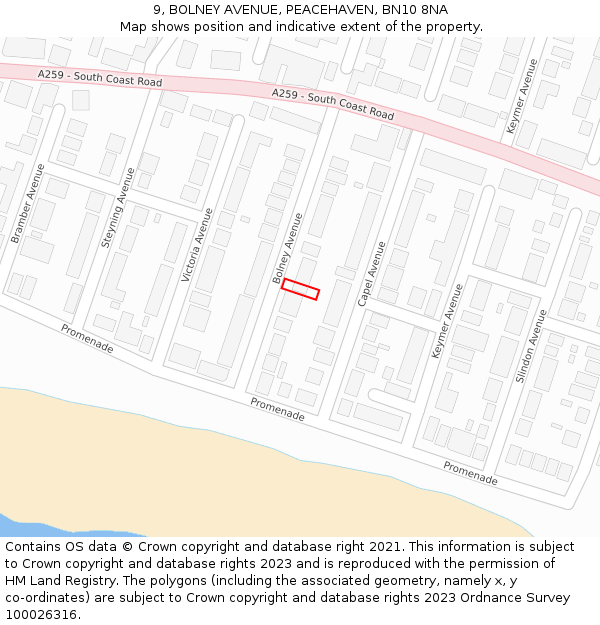 9, BOLNEY AVENUE, PEACEHAVEN, BN10 8NA: Location map and indicative extent of plot