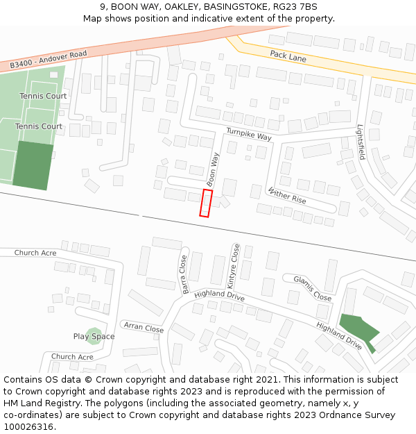 9, BOON WAY, OAKLEY, BASINGSTOKE, RG23 7BS: Location map and indicative extent of plot