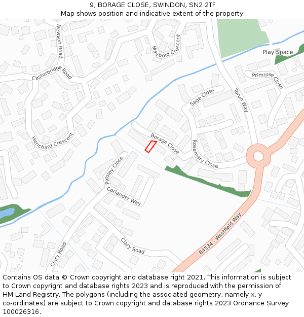 9, BORAGE CLOSE, SWINDON, SN2 2TF: Location map and indicative extent of plot