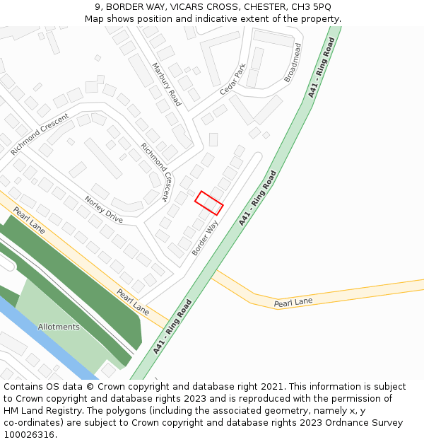 9, BORDER WAY, VICARS CROSS, CHESTER, CH3 5PQ: Location map and indicative extent of plot