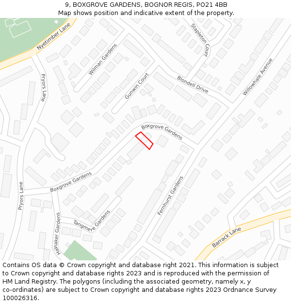 9, BOXGROVE GARDENS, BOGNOR REGIS, PO21 4BB: Location map and indicative extent of plot