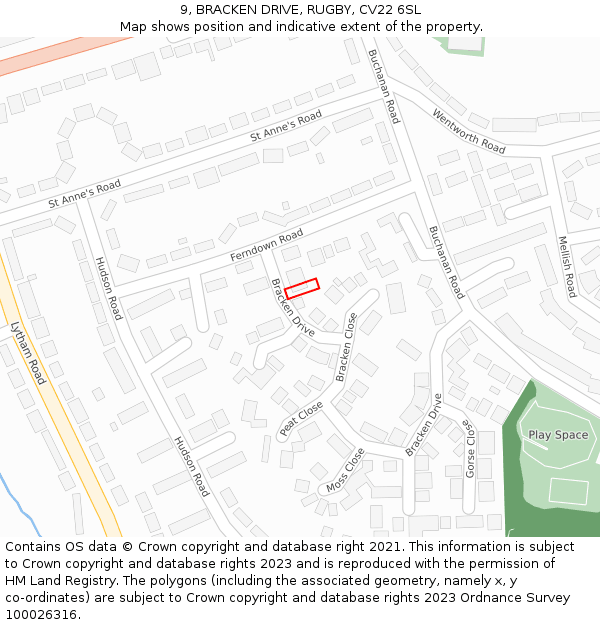 9, BRACKEN DRIVE, RUGBY, CV22 6SL: Location map and indicative extent of plot