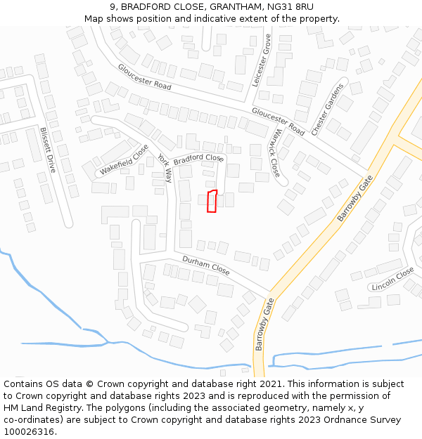 9, BRADFORD CLOSE, GRANTHAM, NG31 8RU: Location map and indicative extent of plot