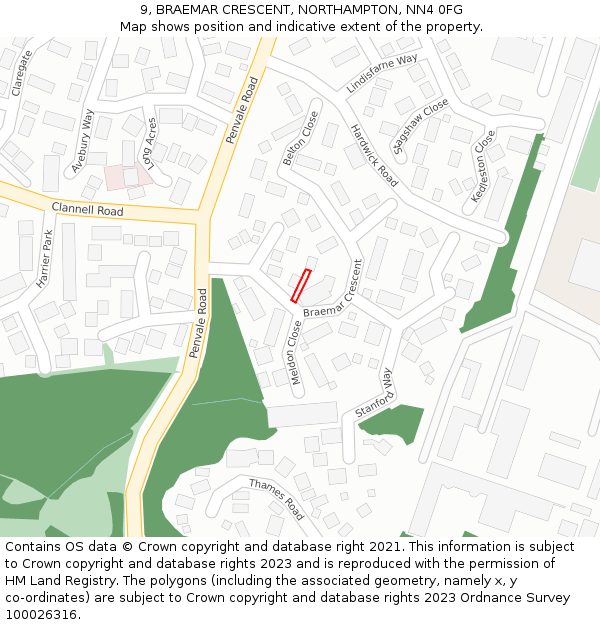 9, BRAEMAR CRESCENT, NORTHAMPTON, NN4 0FG: Location map and indicative extent of plot