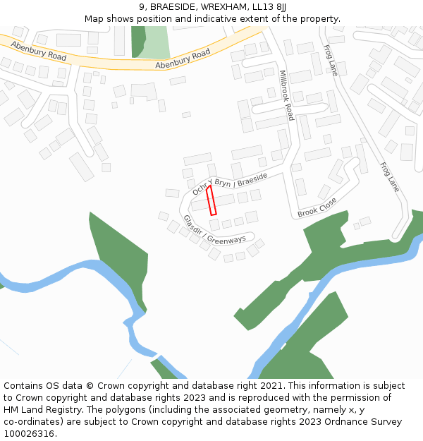 9, BRAESIDE, WREXHAM, LL13 8JJ: Location map and indicative extent of plot