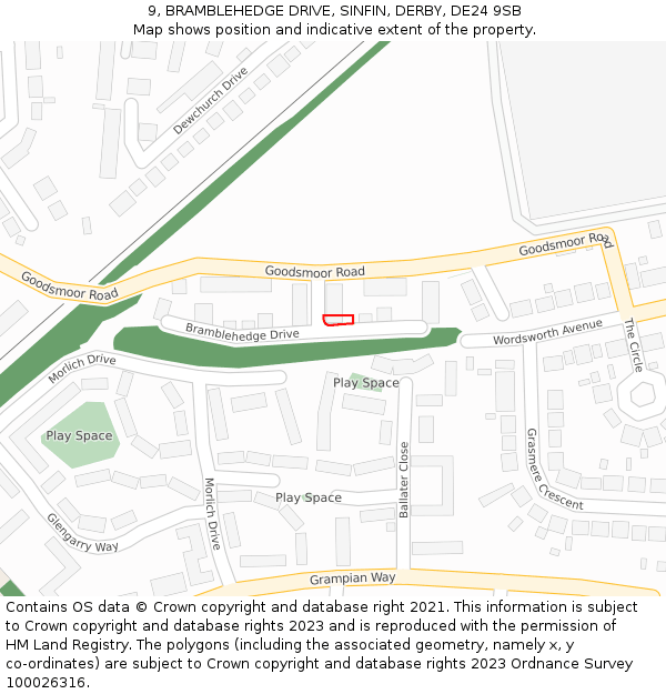 9, BRAMBLEHEDGE DRIVE, SINFIN, DERBY, DE24 9SB: Location map and indicative extent of plot