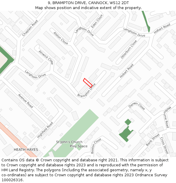 9, BRAMPTON DRIVE, CANNOCK, WS12 2DT: Location map and indicative extent of plot