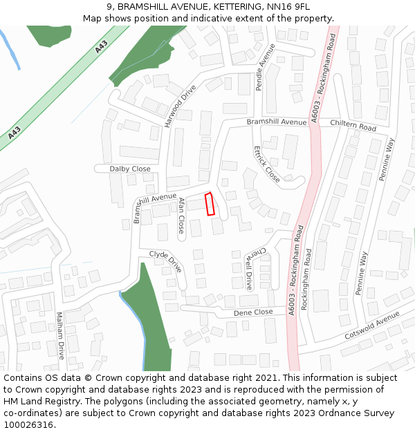 9, BRAMSHILL AVENUE, KETTERING, NN16 9FL: Location map and indicative extent of plot