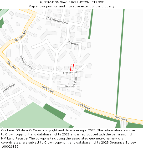 9, BRANDON WAY, BIRCHINGTON, CT7 9XE: Location map and indicative extent of plot