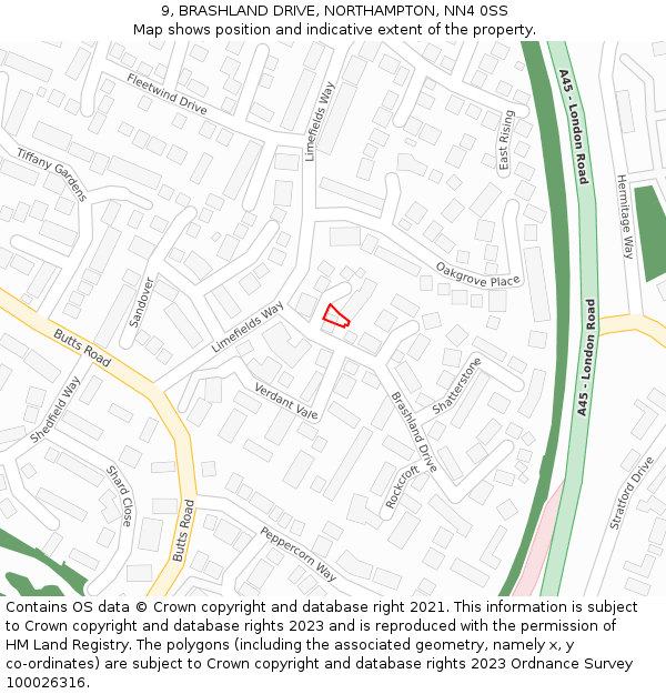 9, BRASHLAND DRIVE, NORTHAMPTON, NN4 0SS: Location map and indicative extent of plot