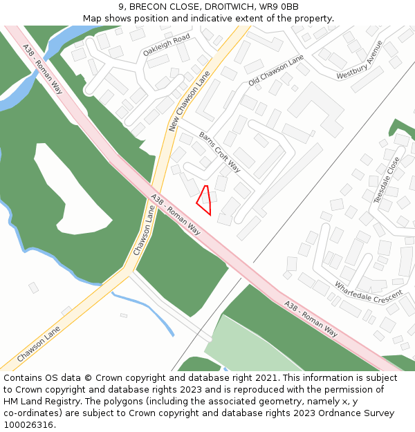 9, BRECON CLOSE, DROITWICH, WR9 0BB: Location map and indicative extent of plot