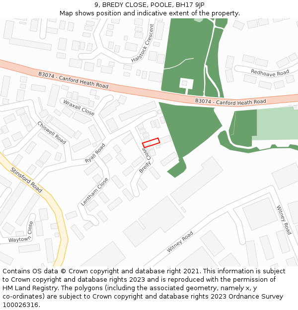 9, BREDY CLOSE, POOLE, BH17 9JP: Location map and indicative extent of plot