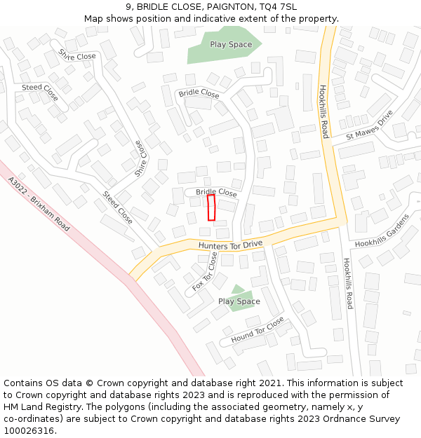 9, BRIDLE CLOSE, PAIGNTON, TQ4 7SL: Location map and indicative extent of plot