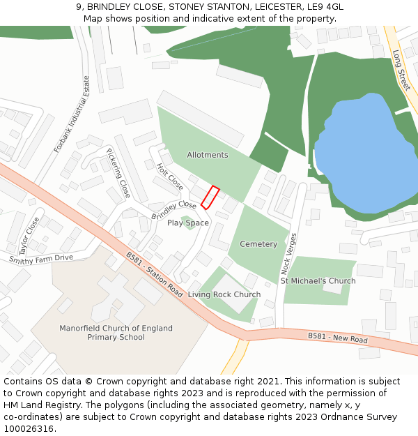 9, BRINDLEY CLOSE, STONEY STANTON, LEICESTER, LE9 4GL: Location map and indicative extent of plot