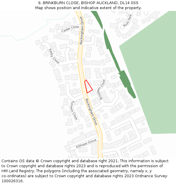 9, BRINKBURN CLOSE, BISHOP AUCKLAND, DL14 0SS: Location map and indicative extent of plot