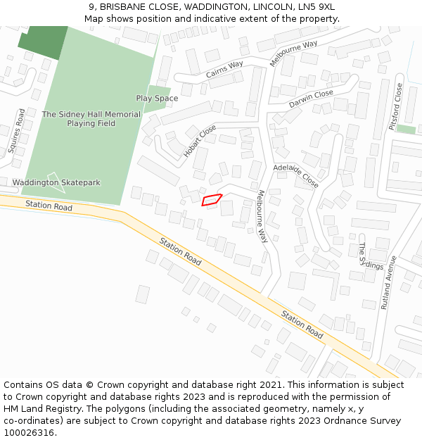 9, BRISBANE CLOSE, WADDINGTON, LINCOLN, LN5 9XL: Location map and indicative extent of plot