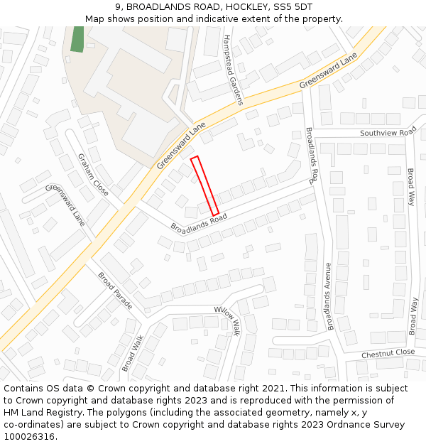 9, BROADLANDS ROAD, HOCKLEY, SS5 5DT: Location map and indicative extent of plot