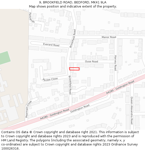 9, BROOKFIELD ROAD, BEDFORD, MK41 9LA: Location map and indicative extent of plot