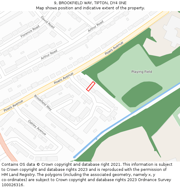 9, BROOKFIELD WAY, TIPTON, DY4 0NE: Location map and indicative extent of plot