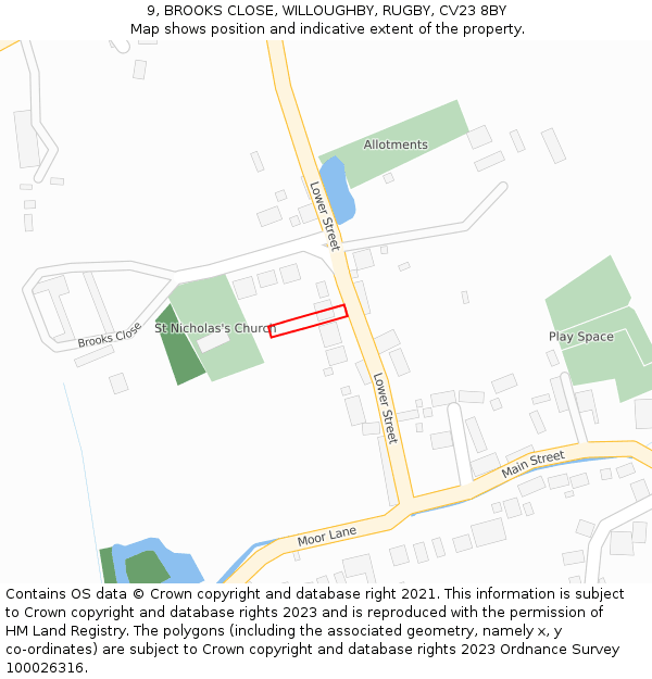 9, BROOKS CLOSE, WILLOUGHBY, RUGBY, CV23 8BY: Location map and indicative extent of plot