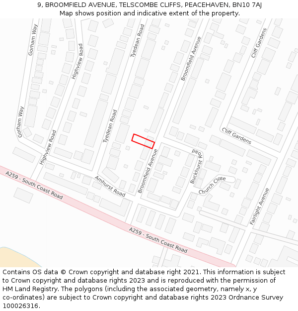 9, BROOMFIELD AVENUE, TELSCOMBE CLIFFS, PEACEHAVEN, BN10 7AJ: Location map and indicative extent of plot