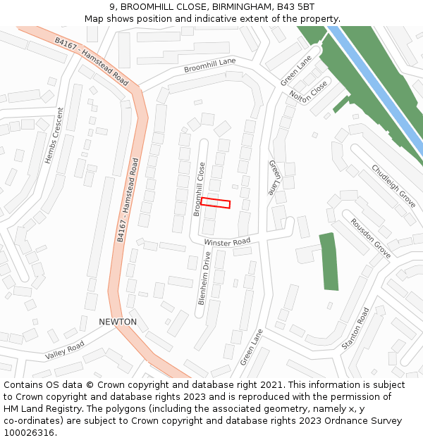 9, BROOMHILL CLOSE, BIRMINGHAM, B43 5BT: Location map and indicative extent of plot