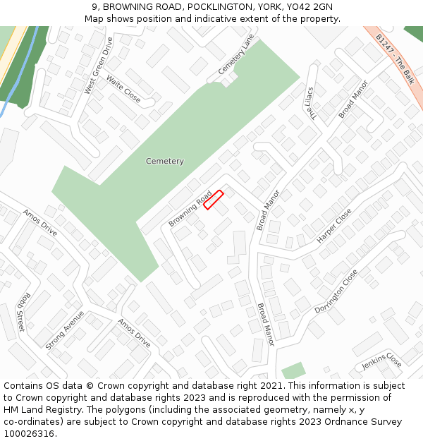 9, BROWNING ROAD, POCKLINGTON, YORK, YO42 2GN: Location map and indicative extent of plot