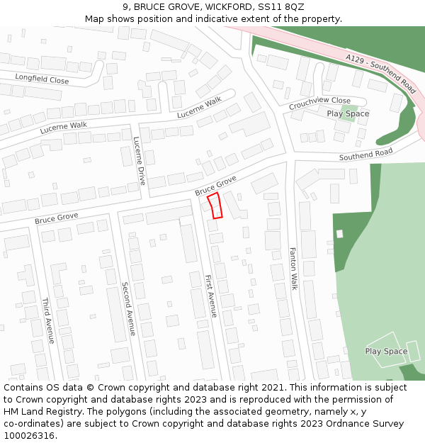 9, BRUCE GROVE, WICKFORD, SS11 8QZ: Location map and indicative extent of plot