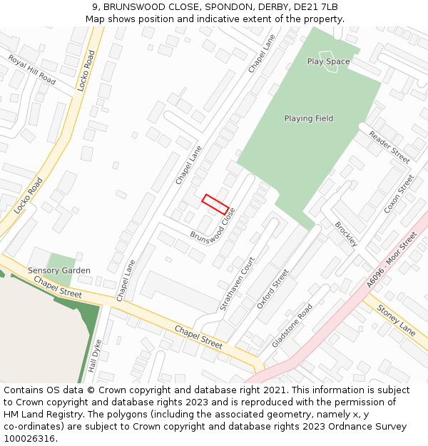 9, BRUNSWOOD CLOSE, SPONDON, DERBY, DE21 7LB: Location map and indicative extent of plot