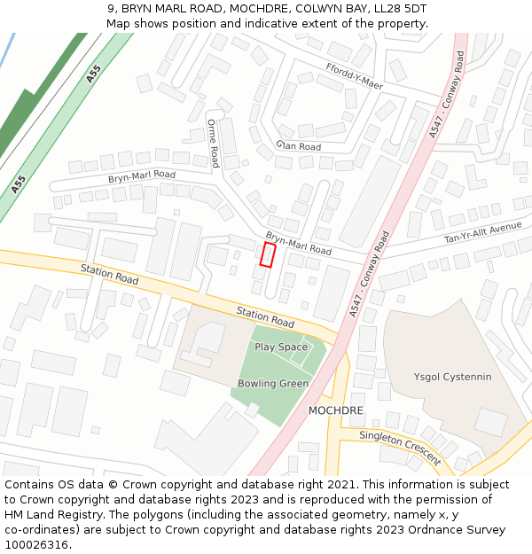 9, BRYN MARL ROAD, MOCHDRE, COLWYN BAY, LL28 5DT: Location map and indicative extent of plot