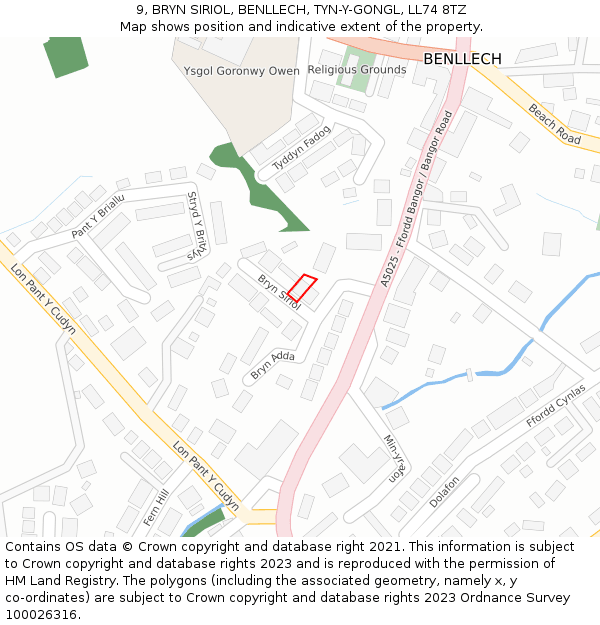 9, BRYN SIRIOL, BENLLECH, TYN-Y-GONGL, LL74 8TZ: Location map and indicative extent of plot