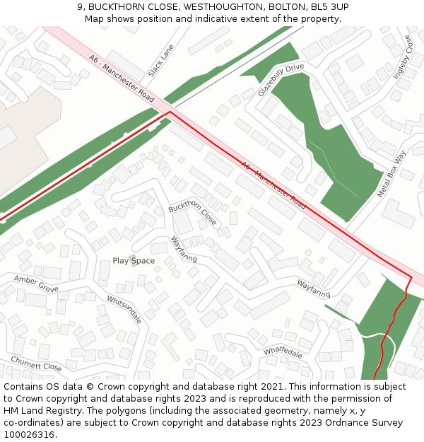 9, BUCKTHORN CLOSE, WESTHOUGHTON, BOLTON, BL5 3UP: Location map and indicative extent of plot