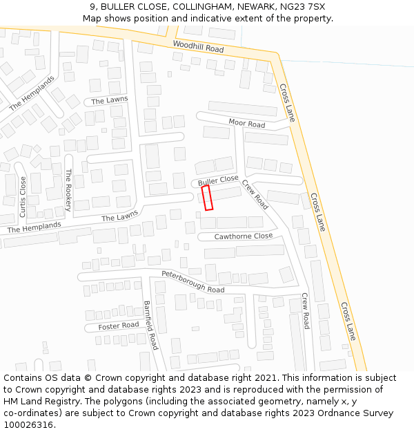 9, BULLER CLOSE, COLLINGHAM, NEWARK, NG23 7SX: Location map and indicative extent of plot