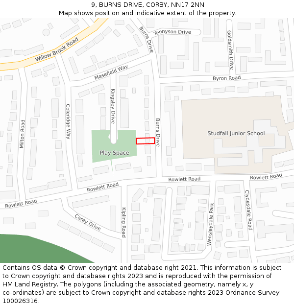 9, BURNS DRIVE, CORBY, NN17 2NN: Location map and indicative extent of plot