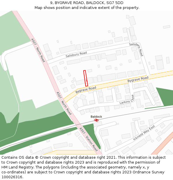 9, BYGRAVE ROAD, BALDOCK, SG7 5DD: Location map and indicative extent of plot