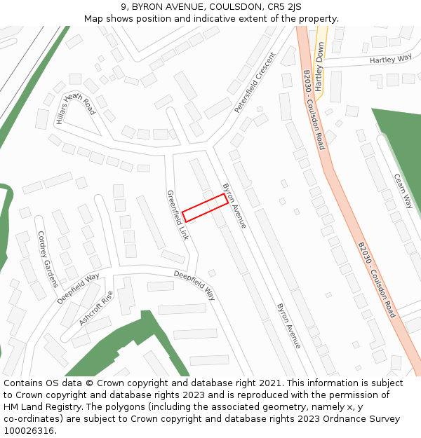 9, BYRON AVENUE, COULSDON, CR5 2JS: Location map and indicative extent of plot