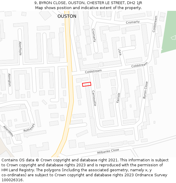 9, BYRON CLOSE, OUSTON, CHESTER LE STREET, DH2 1JR: Location map and indicative extent of plot