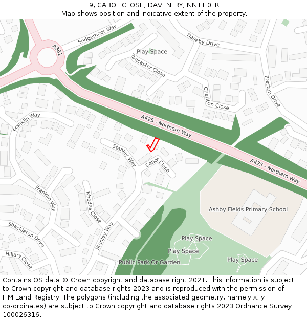 9, CABOT CLOSE, DAVENTRY, NN11 0TR: Location map and indicative extent of plot