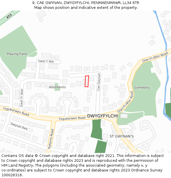 9, CAE GWYNAN, DWYGYFYLCHI, PENMAENMAWR, LL34 6TR: Location map and indicative extent of plot