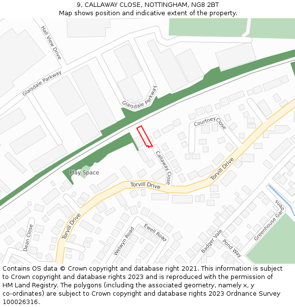 9, CALLAWAY CLOSE, NOTTINGHAM, NG8 2BT: Location map and indicative extent of plot