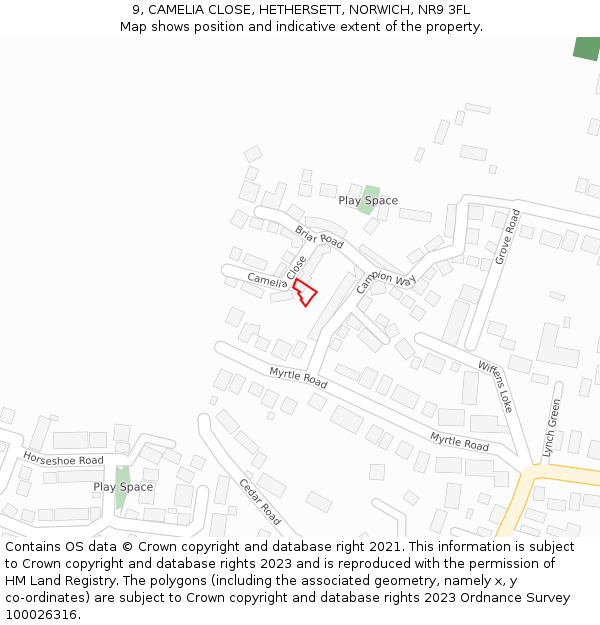 9, CAMELIA CLOSE, HETHERSETT, NORWICH, NR9 3FL: Location map and indicative extent of plot