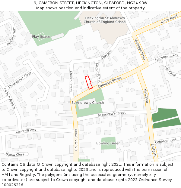 9, CAMERON STREET, HECKINGTON, SLEAFORD, NG34 9RW: Location map and indicative extent of plot