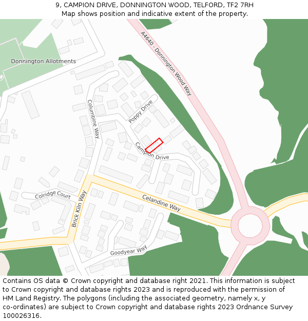 9, CAMPION DRIVE, DONNINGTON WOOD, TELFORD, TF2 7RH: Location map and indicative extent of plot