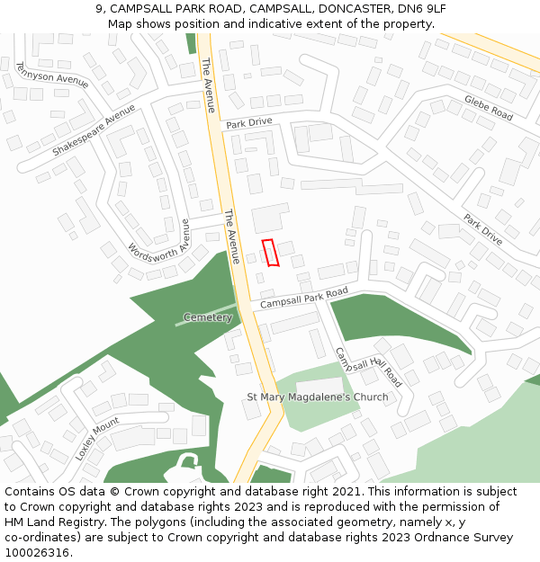 9, CAMPSALL PARK ROAD, CAMPSALL, DONCASTER, DN6 9LF: Location map and indicative extent of plot