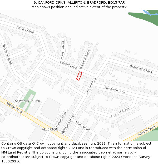 9, CANFORD DRIVE, ALLERTON, BRADFORD, BD15 7AR: Location map and indicative extent of plot