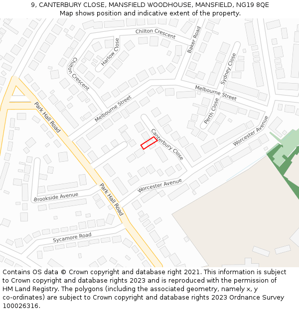 9, CANTERBURY CLOSE, MANSFIELD WOODHOUSE, MANSFIELD, NG19 8QE: Location map and indicative extent of plot